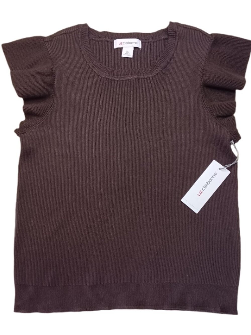 Liz Claiborne Womens Size XL Ribbed T Shirt Brown Ruffle Shirt Sleeve